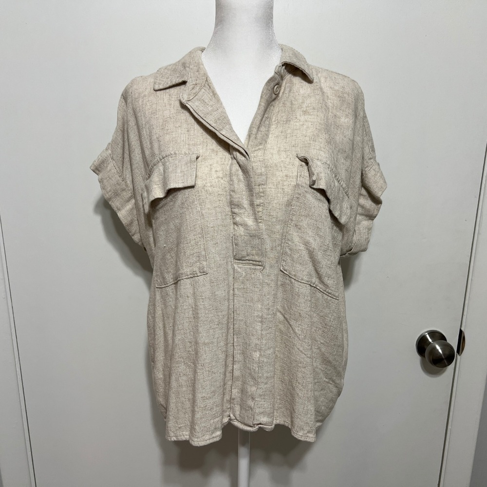 Simply Vera Wang Linen Blend Collared Short Sleeve Shirt Top Womens Size L Beige